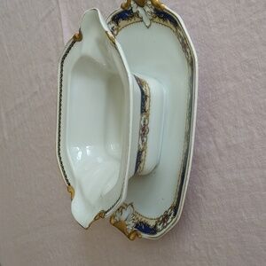 Antique Limoges porcelain navy white gold hand painted gravy boat tray la cloche